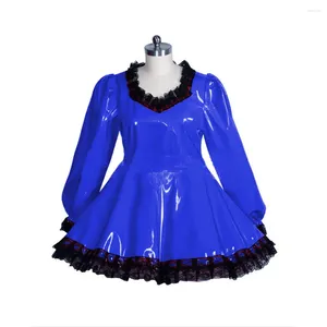 Robes décontractées Sissy Lolita PVC Cuir Costumes Sexy Verrouillable Aline Robe de demoiselle d'honneur à manches longues en dentelle Streetwear Club Bodycon S-7XL