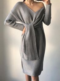 Vestidos casuales hermana fara primavera con cuello en v punto irregular para las mujeres de cintura alta cruz encaje hasta vestido otoño chic femenino mid-becerro