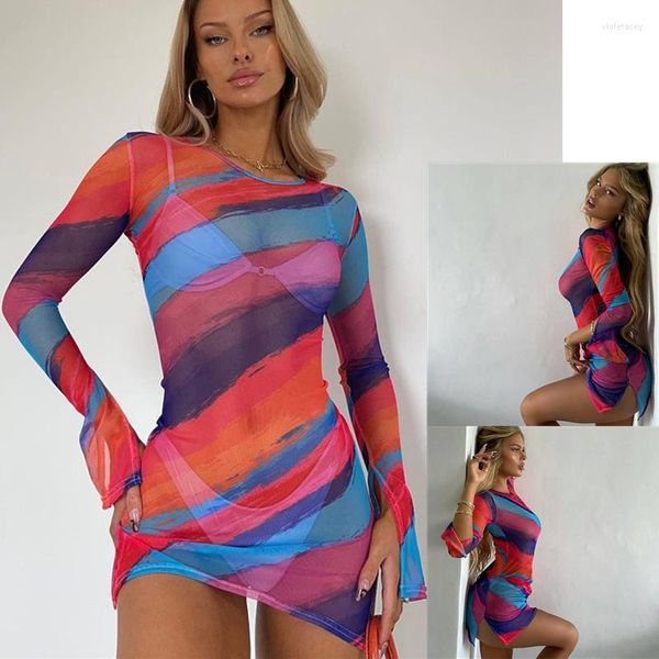 Vestidos casuales SKMY Sexy Slit Thin See-through Mesh Tie Dye Vestido de protección solar de playa para mujer Estampado de manga larga Fiesta de discoteca para mujer