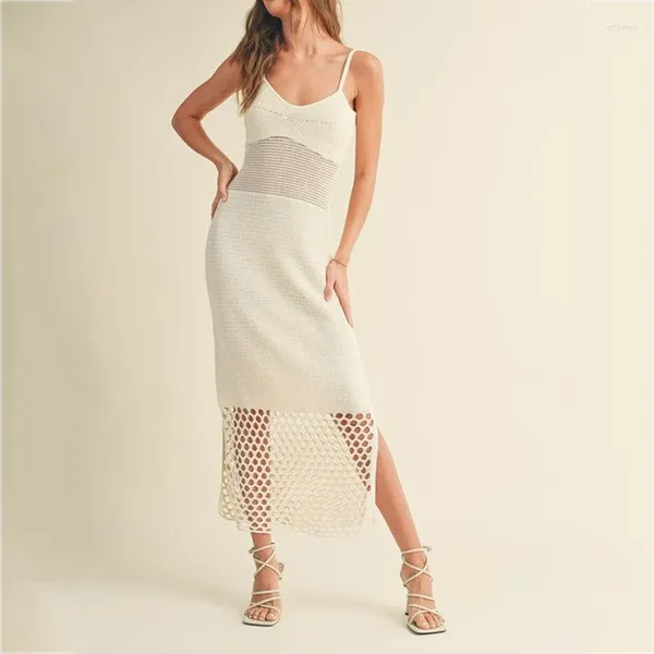 Vestidos informales Skmy White Dress Women Clothing 2024 Summer Beach Party Hollow Out Sexy Solid Color Spaghetti Store V-Eck Long