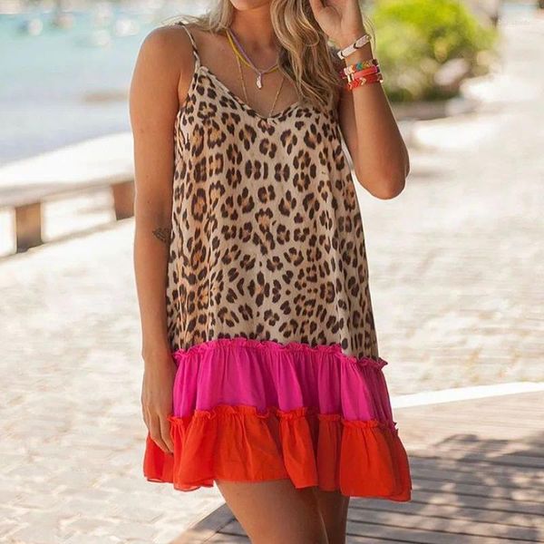 Vestidos casuales SKMY Ropa de mujer Primavera y verano 2024 Sexy Beach Party Sin mangas Estampado de leopardo Patchwork Vestido de correa de espagueti suelto