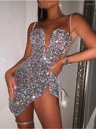 Lässige Kleider SKMY Damenbekleidung Sommerkleid Tiefer V-Ausschnitt Sexy Bunte Pailletten Spaghettiträger Figurbetont Kurz Party Clubwear