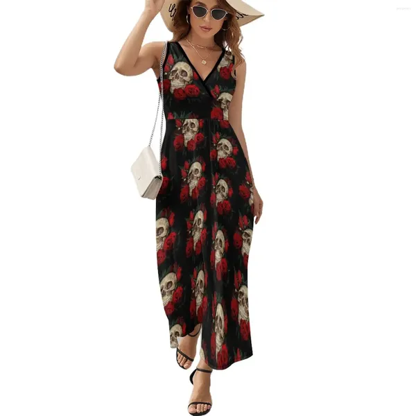 Vestidos casuales Cráneo y rosas Vestido de verano Street Wear Boho Beach Long Mujer Patrón de cintura alta Kawaii Maxi
