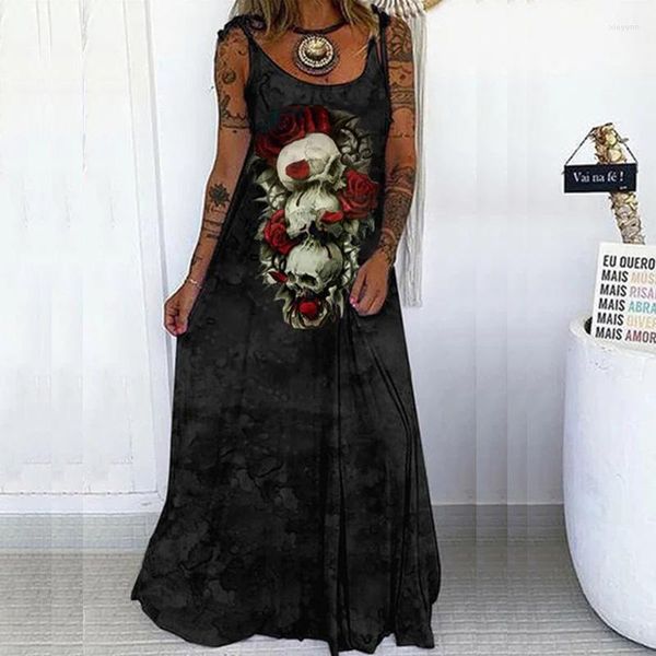 Vestidos casuales Estampado de calavera Hasta el suelo Sling Vintage Off Shoulder Maxi Dress Sexy Summer Long Robe Mujeres Y2k Goth Streetwear