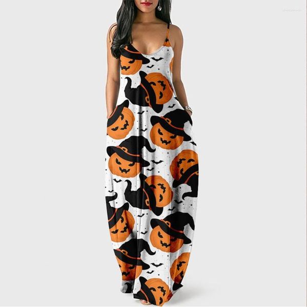 Robes décontractées Crâne Squelette Imprimer Halloween Femmes Robe Longue Sans Manches Citrouille Lâche Poche Maxi Festival Robe