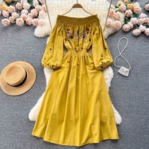 Vestidos informales con cuello oblicuo, vestido acampanado para mujer, Primavera Verano, bordado, cintura elástica, manga larga, Color sólido, ropa informal, Vestidos 2023