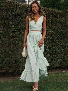 Casual jurken Mouwloos strand Boho Zomer Midi-jurk Bijpassende sets Dames Groen Backless Lace Up Zonnejurk Vintage Franse stijl