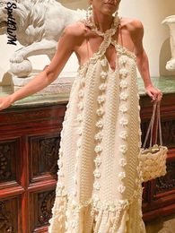 Casual jurken mouwloze halter maxi zomerjurk voor vrouwen mode ruches strand lang gewaad elegante slip vakantie hol uit zonsondergang 230512