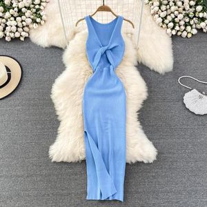 Robes Décontractées Sans Manches Creux Split Wrap Robe Midi Sexy Mode Élastique Serré Partie Élégant Vestidos Chic Plage Vacances D'été Femmes