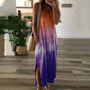 Robes Décontractées Sans Manches Imprimé Col V Mode Femme Tie-dye Longue Robe Poche Femme Printemps Pour Juniors