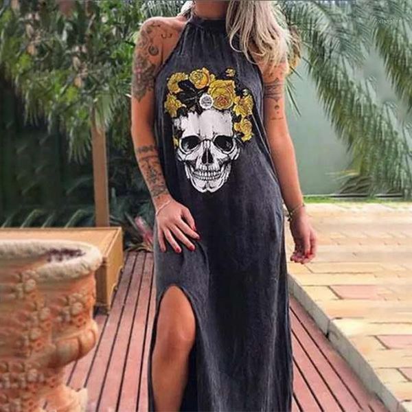 Robes décontractées sans manches crâne fleur imprimer femmes robe licou Punk lâche fendu Streetwear femme été mode Vestidos grande taille1