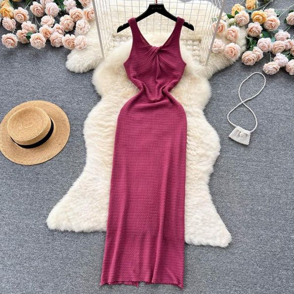 Robes décontractées sans manches Split Slip robe Midi Sexy mode élastique serré fête élégant Chic plage vacances été femmes tricot