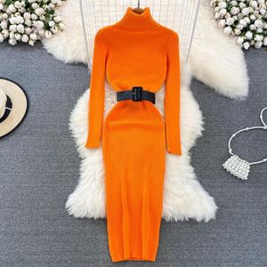 Casual jurken Slim Turtleneck herfst bodycon gebreide katoenen trui lange jurk winter feest vrouwen schede warme tuniek vestidos met riem