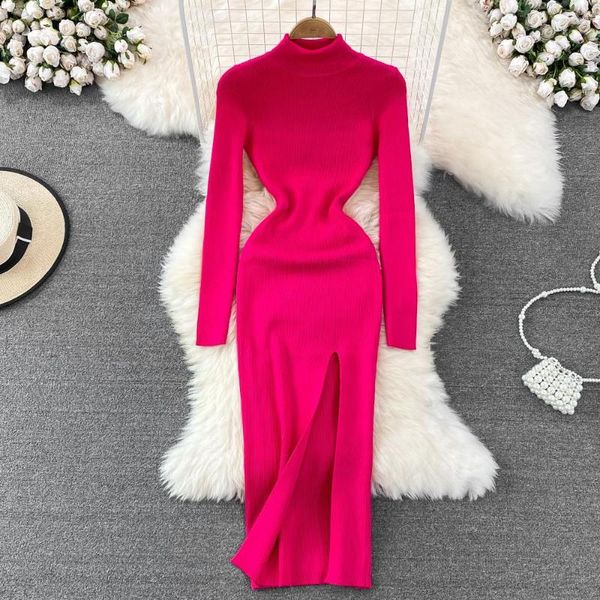 Vestidos casuales Slim Turtleneck Otoño Bodycon Punto Suéter de algodón Vestido largo Fiesta de invierno Mujeres Cálido Sexy Split Túnica Vestidos