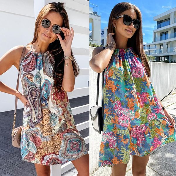 Vestidos casuales Sling Dress para mujer Summer Beach Vacation Vintage Color Printed Mini Ladie sin mangas fuera del hombro Sundress