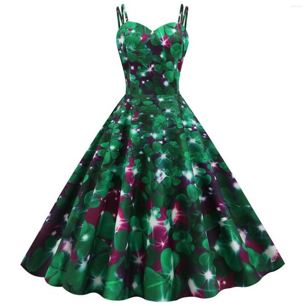 Vestidos casuales Sling Hollow Swing Dress Mujeres Retro Día de San Patricio Impreso Vintage Sin mangas Rockabilly Elegante Vestido de fiesta