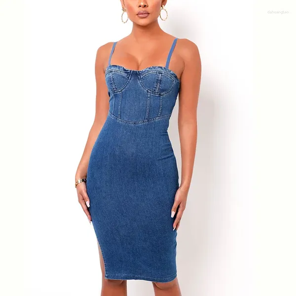 Vestidos casuales Sling Sexy Vestido midi de mujer Halter Sin mangas Verano Unilateral Split Retro Denim Falda Club Party 2024