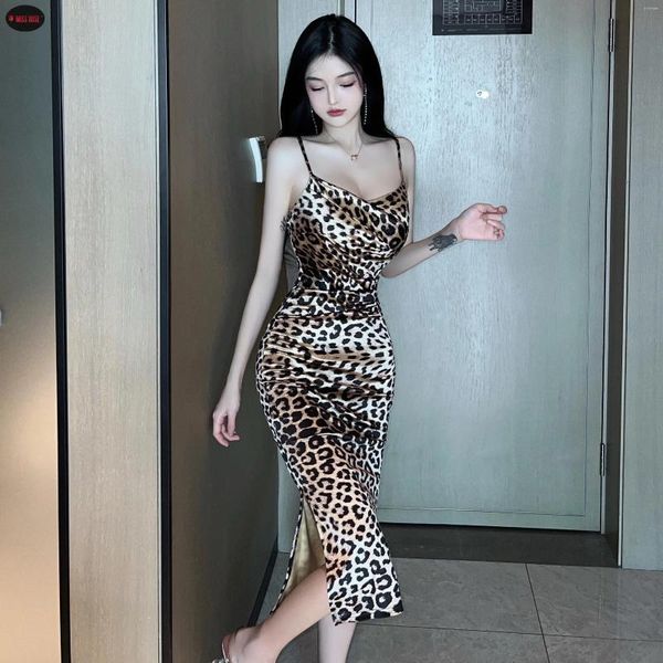 Lässige Kleider Sling Wrap Leopard Split Sexy Gerade Mantel Satin Abendessen Datum Bankett Disco Bar Club Vestidos Skinny Hip Stretch