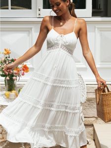 Casual jurken uitglijden Wit wit boho lange zomerjurk vrouwen solide kleur backless casual Koreaans chic en elegante strand maxi -jurken vrouwelijk 230316