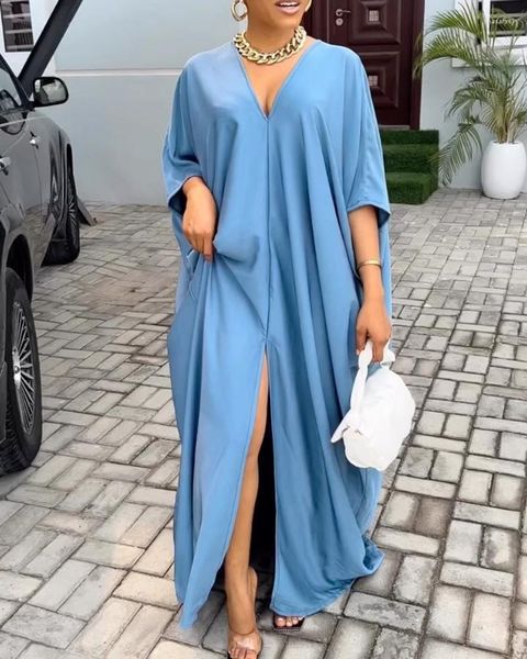 Robes Décontractées Fente Devant Col En V Lâche Maxi Robe Chic Mode Été Quotidien Haute Style Moulante Femme