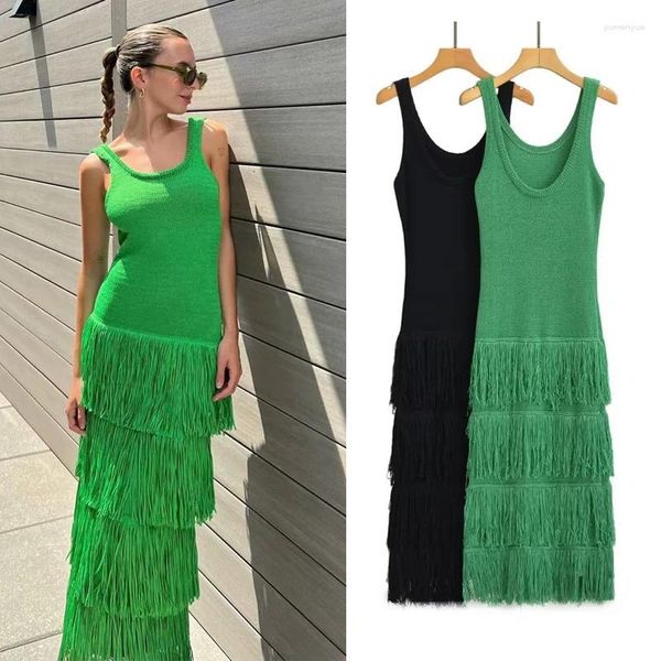 Vestidos casuales SLTNX Punto para mujer para mujeres 2023 Vestido de resbalón delgado Femenino Chic con borlas largas damas en