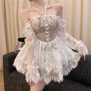 Robes décontractées Petite fille fée dentelle robe française cour mode licou cou épaule super mini longue manches évasées fête