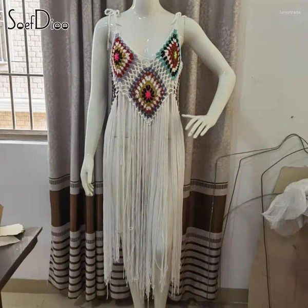 Vestidos informales Soefdioo Crochet Tassel Long Tassel Maxi Fashion Spaghetti Strap Sun Block Overclón