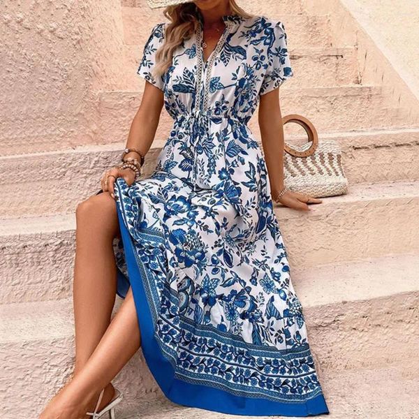 Vestidos casuales Vestido estampado de tela suave Estilo étnico Estampado floral Maxi con cintura con cordones Cuello en V Vacaciones de verano para mujer Una línea de tobillo