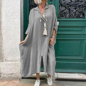 Casual jurken zachte lichtgewicht jurk elegant v nek midi voor vrouwen met drie kwart mouwen plus size split split -zoom ademende stof