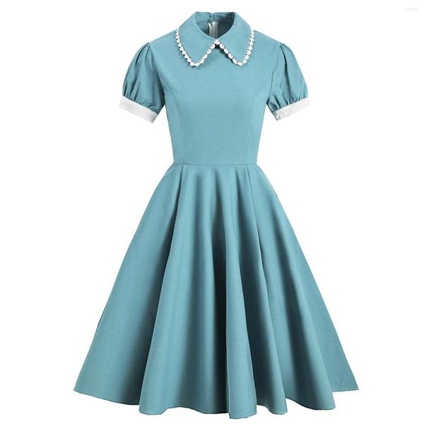 Robes Décontractées Solide Bleu Vintage Party Swing Dress Avec Poche Femmes D'été Rockabilly Années 50 Années 60 Pin Up A-Line Office Robe Vestidos