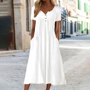 Vestidos casuales Color sólido Boho Blanco para mujer Vestido de playa Verano con cuello en V Manga corta Vestido largo de vacaciones Elegante Señoras Midi