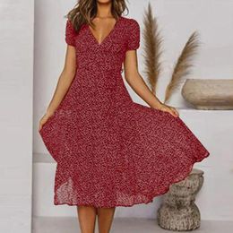 Vestidos informales de color sólido Polka Polka Mujeres impresas Falda larga Fit y Flare Manga corta Vestido Femenino Medio