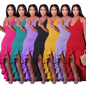 Robes décontractées Couleur unie à volants Slit Sling Dress Summer Fashion Sexy Women Plus Size Sans manches Dos ouvert Col en V Elegant Party Banquet