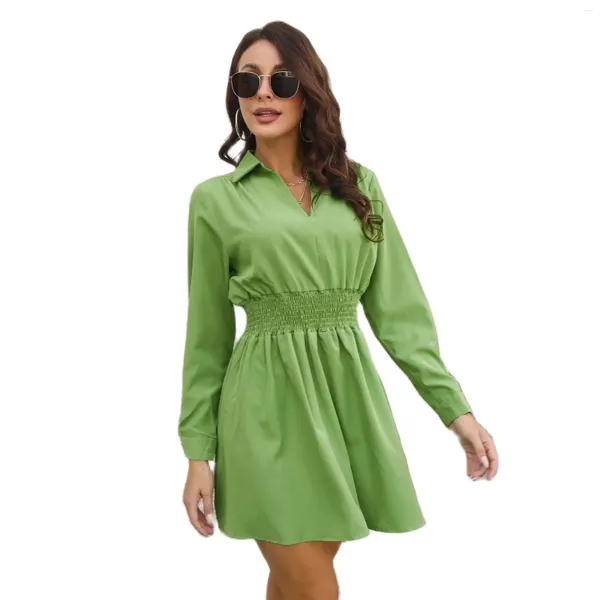 Robes décontractées Col de chemise de couleur unie habillé pour câble de femme taille nouée mince lâche mince mini dame mode robe à col en v