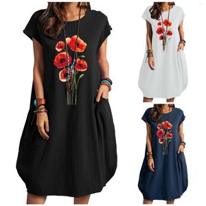 Casual jurken massieve kleur korte mouw jurk dames zonnebloem afdrukken losse knie lengte schattige zak t -shirt