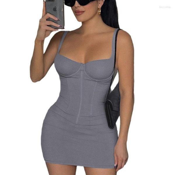 Robes décontractées couleur unie Spicy Girl femmes poitrine basse Sexy court dos ouvert sangle taille haute Wrap hanche robe moulante