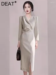 Robes décontractées Couleur solide Robe divisée Femmes Banquet Full Sleeve V Neck High Taie Elegant Formal Style 2024 AUTOM 15KB3777