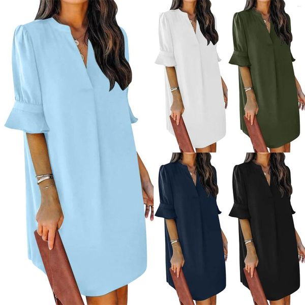 Vestidos casuales Color sólido Blanco Verano para mujeres Camisa suelta Túnica Corta Elegante Oficina Damas Fiesta Vestido de trabajo Robe