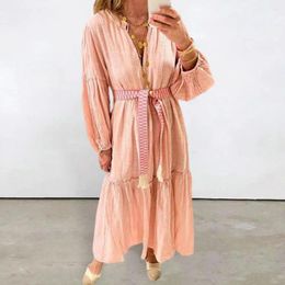 Robes décontractées Couleur unie Femmes Robe Bohème Col V Maxi avec manches à bulles Détaillants A-ligne Silhouette Ourlet plissé pour la plage