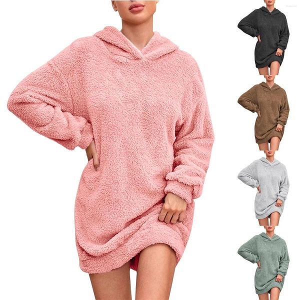 Robes décontractées Robe à capuche en peluche pelucheuse solide pour femmes automne et hiver à manches longues à manches longues en polaire chaude à capuche sweat-shirt vestidos