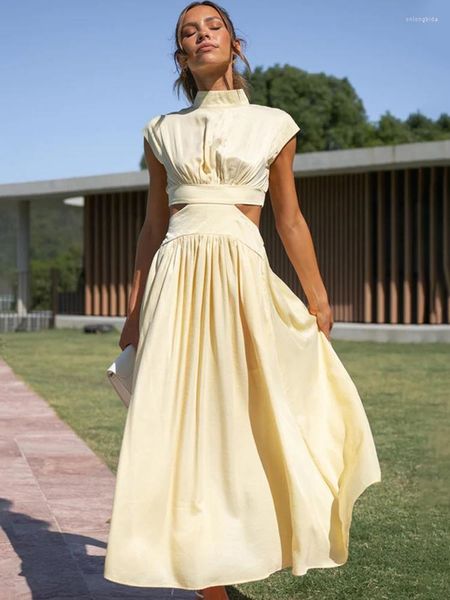 Vestidos casuales sólidos de cintura alta ahuecados para mujer vestido de corte sin mangas de verano ropa elegante de moda vacaciones