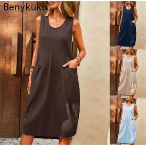 Casual jurken Solid Loose Vintage Long for Women 2024 Zomer Sundress Katoen Linnen Pocket Midi Simple Female Maxi Dress