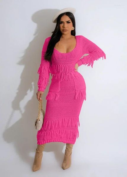 Vestidos casuales Sólido O-Cuello Bolsillos de manga larga Alto Estiramiento Bodycon Suéter Mujeres Mano Crochet Punto Borla Cumpleaños Vestido Midi