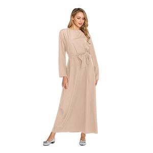 Casual Kleider Solide Plain Saudi-arabisches Muslimisches Kleid Langarm Hohe Taille Maxi Mit Schärpen Frauen Kleidung TA6176