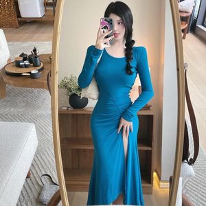 Robes décontractées solide Streetwear esthétique femmes une ligne élégante bureau dames Vestidos trompette sirène O cou bleu taille haute robe de soirée