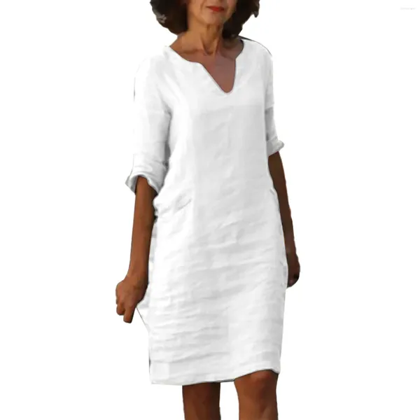Robes décontractées Solide Blanc Été Pour Femmes Vintage Coton Lin 3/4 Manches Lâche Midi Robe Dames Vacances Plage Robes