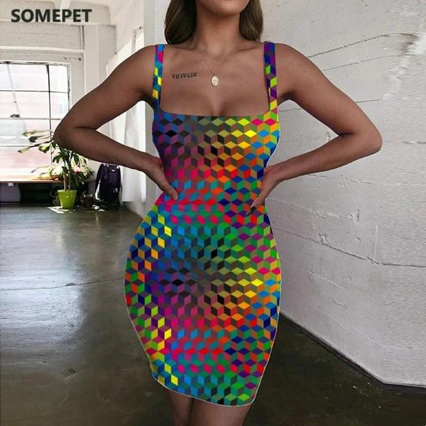 Robes décontractées Somepet Cube Femmes Colorful Sundress Graphics Bodycon Robe Art Vestido Sexy Womens Vêtements Mini Evening Short Boho