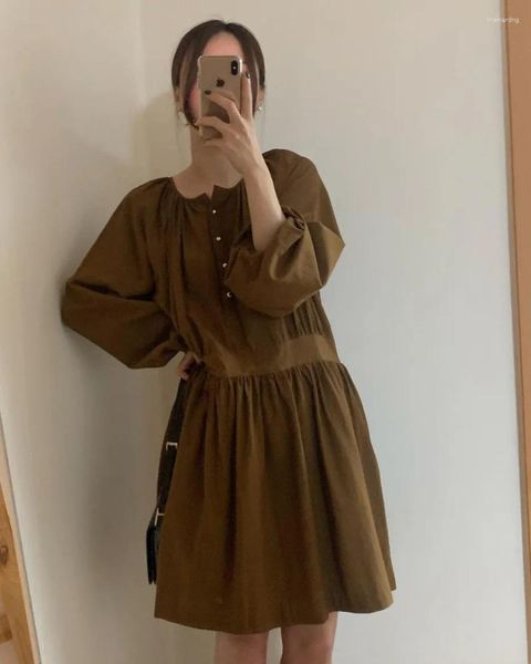 Robes décontractées en Corée du Sud chic automne français vintage rond coude en liberté couleur solide à manches longues petite robe jupe courte femme