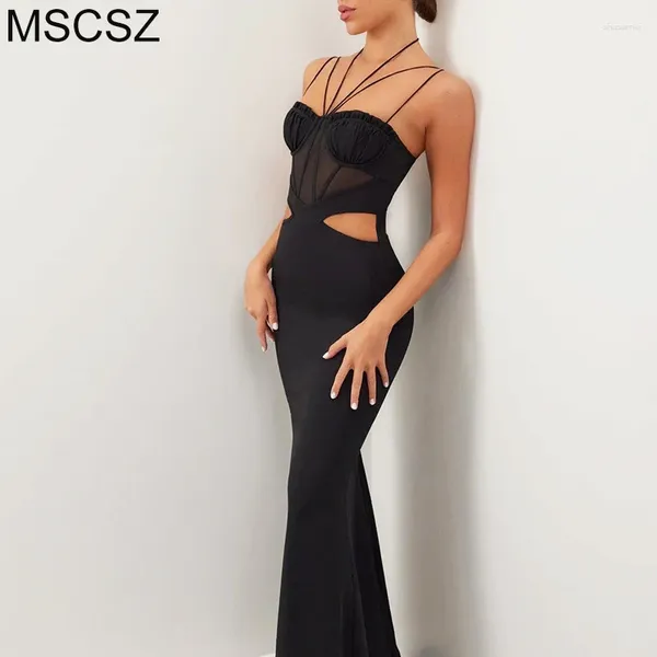 Robes décontractées Spaghetti Strap Coupation Long Robe Elegant Corset Evening Party For Women Backless Sheer BodyCon Maxi Black