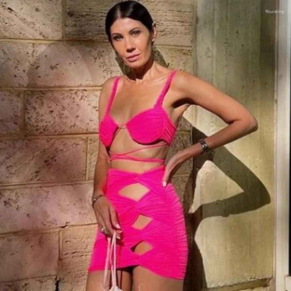 Vestidos casuales Correa de espagueti Vestido bodycon rosa Lace Up Party Sexy Recorte Mujer Ropa Mini Longitud Verano Bundage Moda
